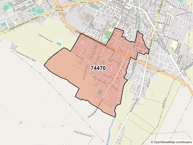 Mapa del código postal 74470, Izúcar de Matamoros, Puebla