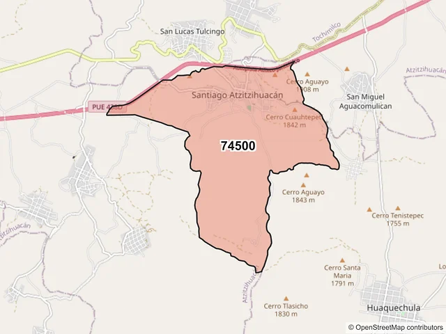 Mapa del código postal 74500, Atzitzihuacán, Puebla