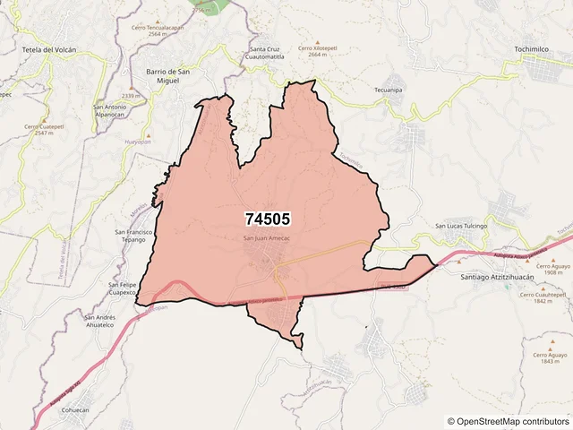 Mapa del código postal 74505, Atzitzihuacán, Puebla