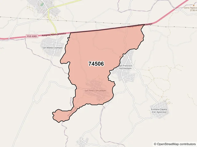 Mapa del código postal 74506, Atzitzihuacán, Puebla