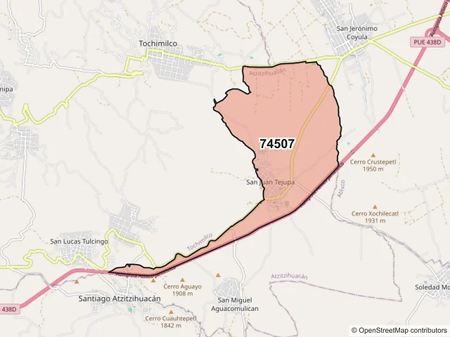 Mapa del código postal 74507, Atzitzihuacán, Puebla
