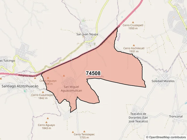 Mapa del código postal 74508, Atzitzihuacán, Puebla