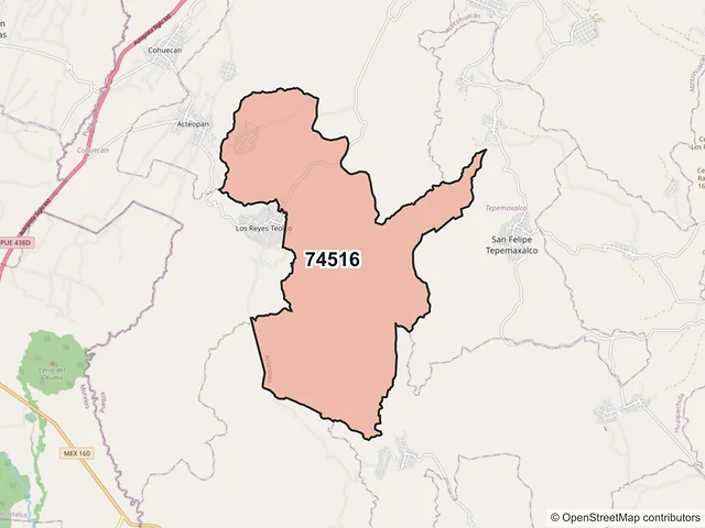 Mapa del código postal 74516, Acteopan, Puebla