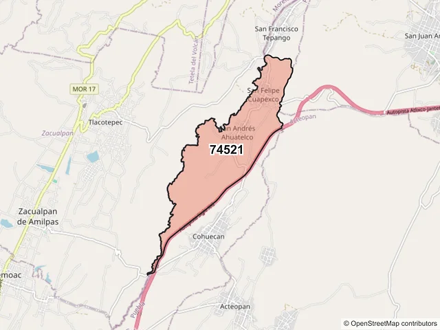 Mapa del código postal 74521, Cohuecan, Puebla