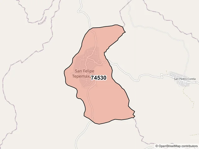 Mapa del código postal 74530, Tepemaxalco, Puebla