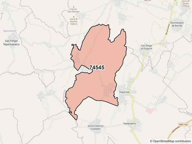 Mapa del código postal 74545, Tlapanalá, Puebla