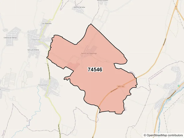 Mapa del código postal 74546, Tlapanalá, Puebla
