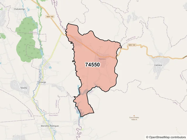 Mapa del código postal 74550, Tepexco, Puebla