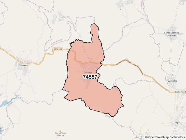 Mapa del código postal 74557, Tepexco, Puebla