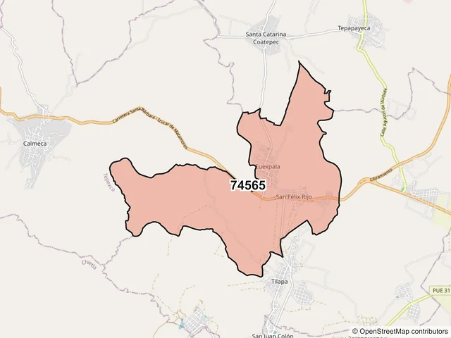 Mapa del código postal 74565, Tilapa, Puebla