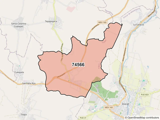 Mapa del código postal 74566, Tilapa, Puebla