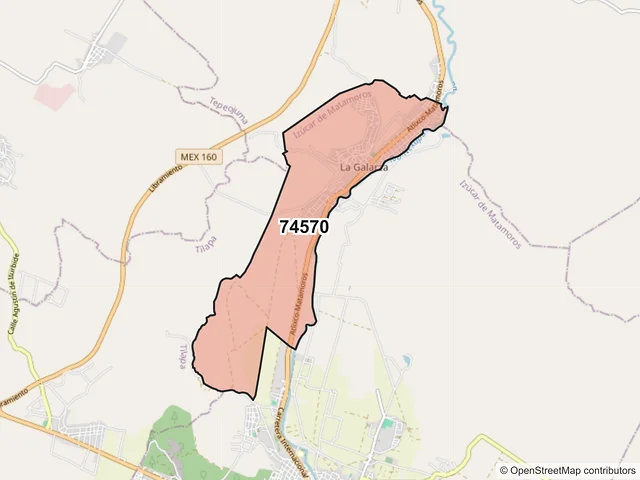 Mapa del código postal 74570, Izúcar de Matamoros, Puebla