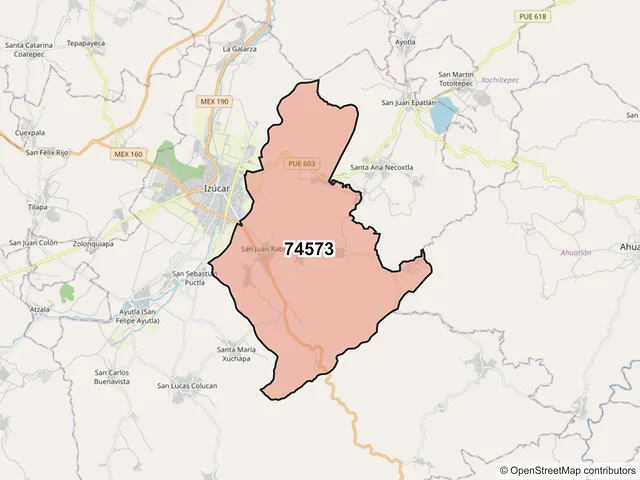 Mapa del código postal 74573, Izúcar de Matamoros, Puebla