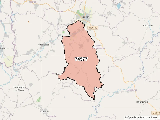 Mapa del código postal 74577, Izúcar de Matamoros, Puebla
