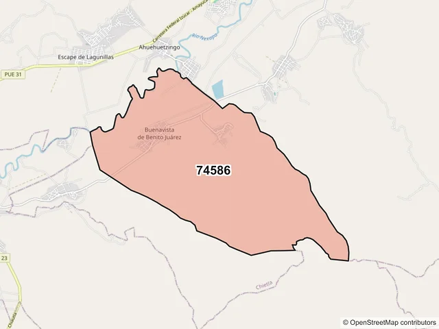 Mapa del código postal 74586, Chietla, Puebla