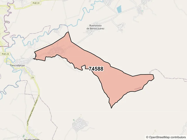 Mapa del código postal 74588, Chietla, Puebla