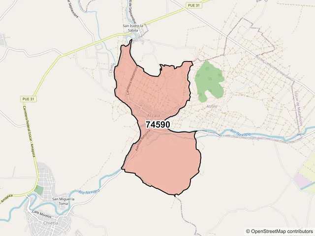 Mapa del código postal 74590, Atzala, Puebla