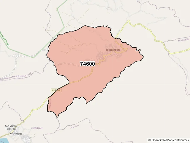 Mapa del código postal 74600, Teopantlán, Puebla