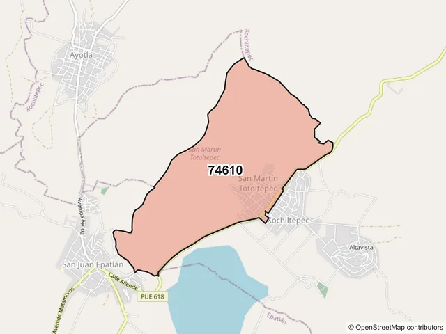 Mapa del código postal 74610, San Martín Totoltepec, Puebla