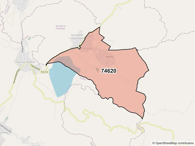 Mapa del código postal 74620, Xochiltepec, Puebla