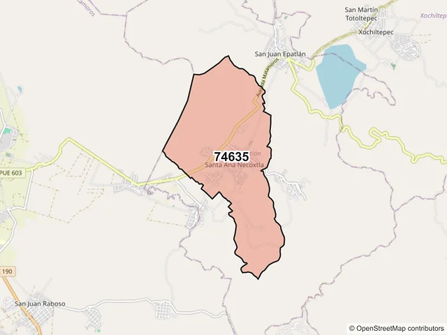 Mapa del código postal 74635, Epatlán, Puebla
