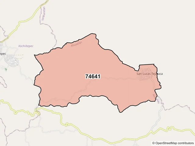 Mapa del código postal 74641, Ahuatlán, Puebla
