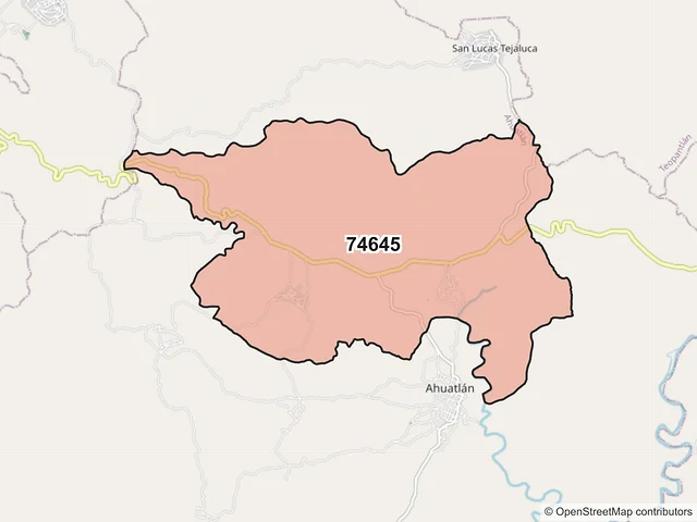 Mapa del código postal 74645, Ahuatlán, Puebla