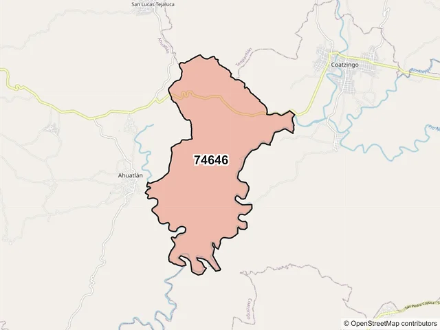 Mapa del código postal 74646, Ahuatlán, Puebla