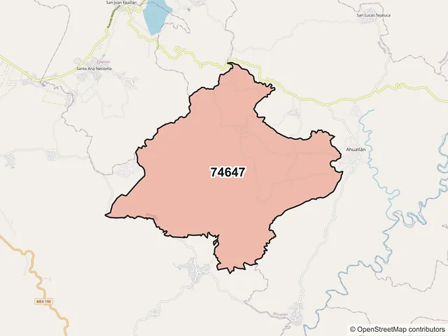 Mapa del código postal 74647, Ahuatlán, Puebla