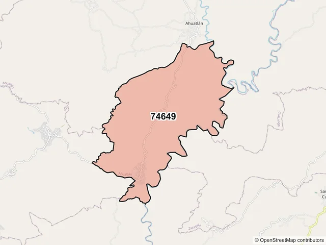 Mapa del código postal 74649, Ahuatlán, Puebla