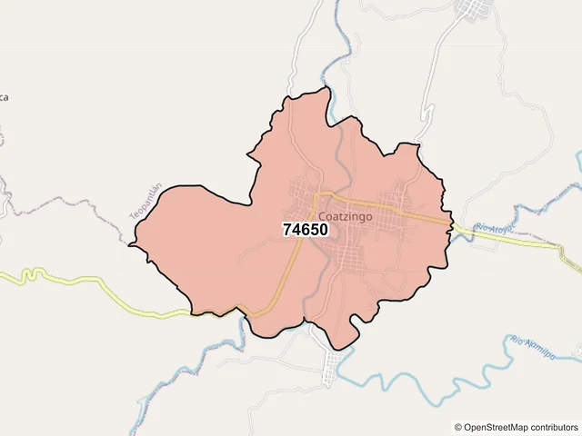 Mapa del código postal 74650, Coatzingo, Puebla