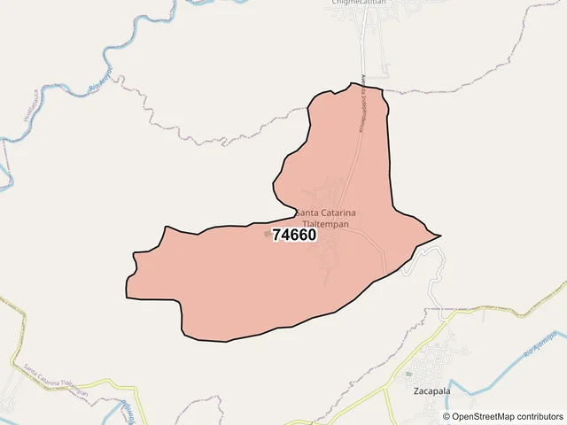 Mapa del código postal 74660, Santa Catarina Tlaltempan, Puebla