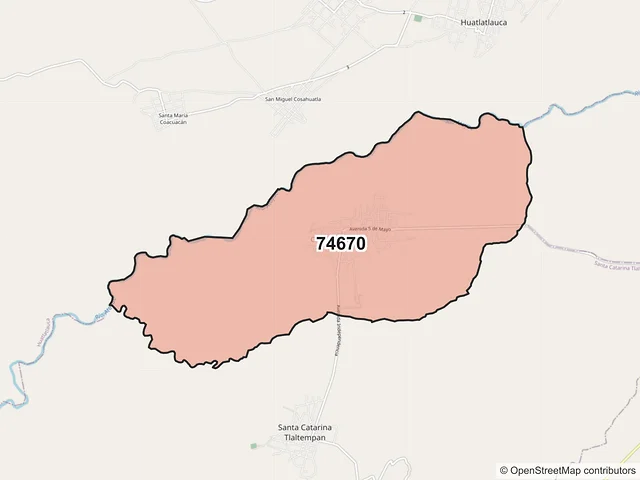 Mapa del código postal 74670, Chigmecatitlán, Puebla
