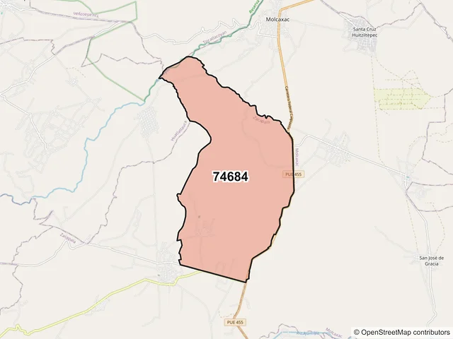 Mapa del código postal 74684, Zacapala, Puebla