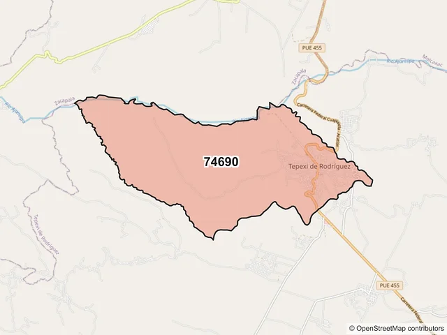 Mapa del código postal 74690, Tepexi de Rodríguez, Puebla
