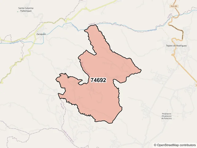 Mapa del código postal 74692, Tepexi de Rodríguez, Puebla