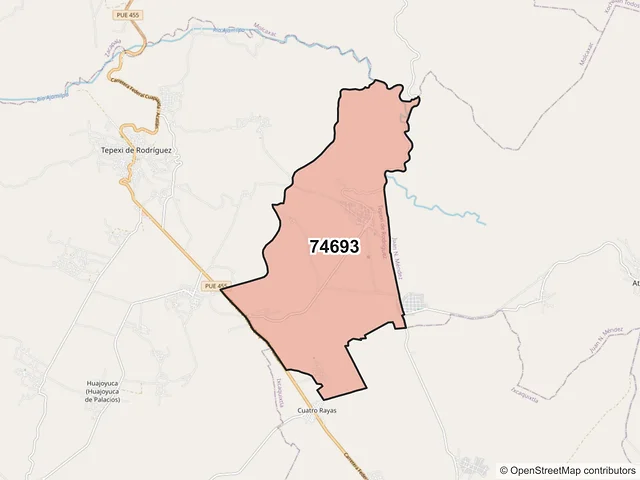 Mapa del código postal 74693, Tepexi de Rodríguez, Puebla