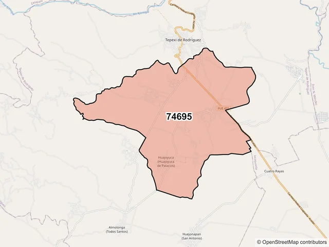 Mapa del código postal 74695, Tepexi de Rodríguez, Puebla