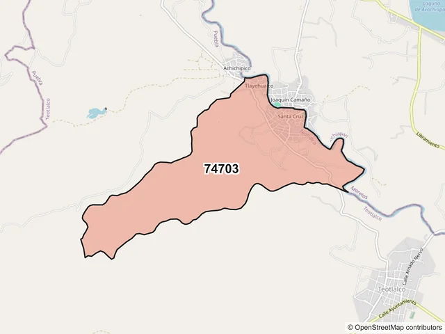 Mapa del código postal 74703, Teotlalco, Puebla