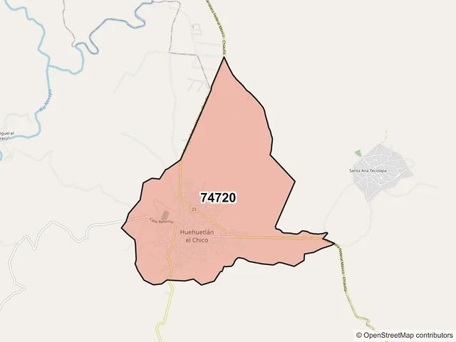 Mapa del código postal 74720, Huehuetlán el Chico, Puebla