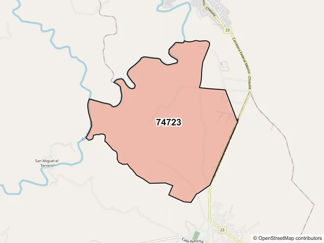 Mapa del código postal 74723, Huehuetlán el Chico, Puebla