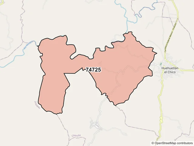 Mapa del código postal 74725, Huehuetlán el Chico, Puebla