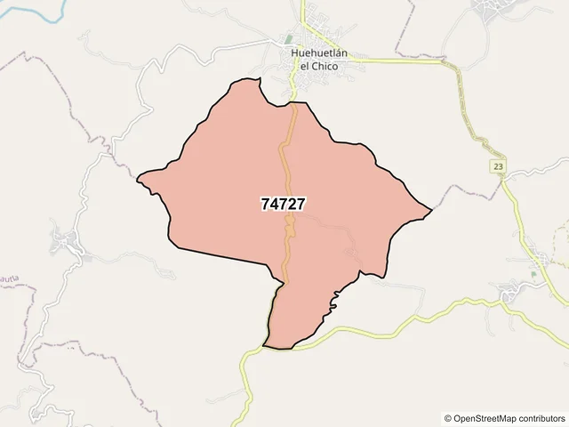 Mapa del código postal 74727, Huehuetlán el Chico, Puebla