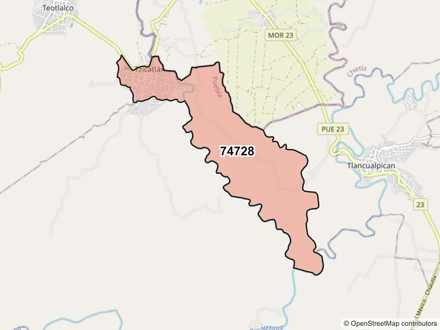 Mapa del código postal 74728, Huehuetlán el Chico, Puebla