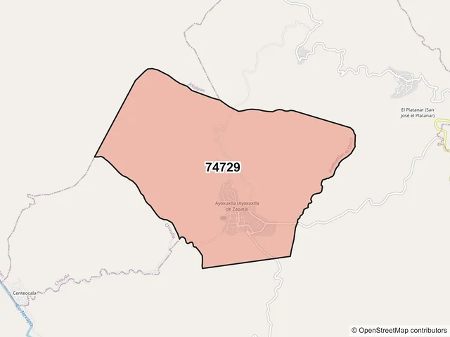 Mapa del código postal 74729, Huehuetlán el Chico, Puebla