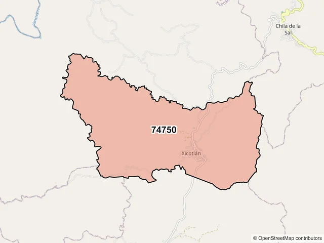 Mapa del código postal 74750, Xicotlán, Puebla