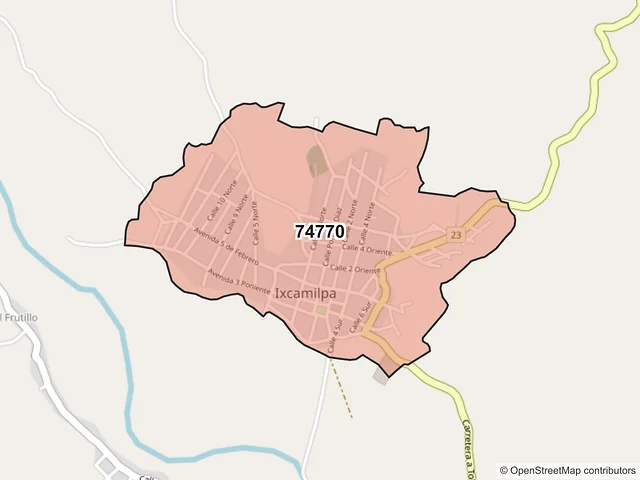 Mapa del código postal 74770, Ixcamilpa de Guerrero, Puebla