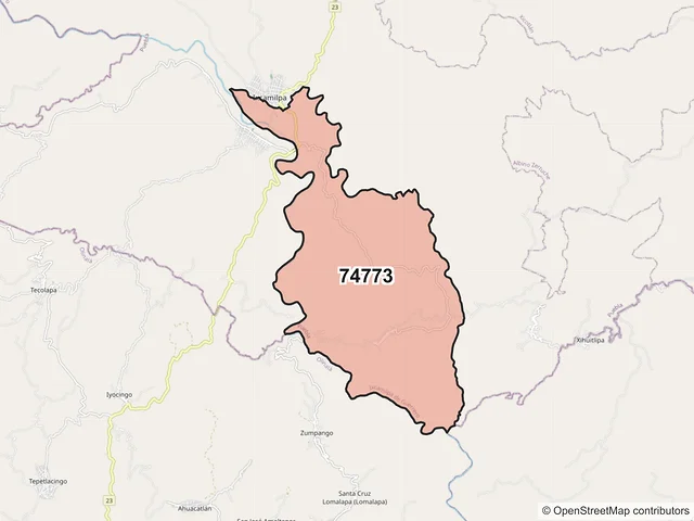 Mapa del código postal 74773, Ixcamilpa de Guerrero, Puebla