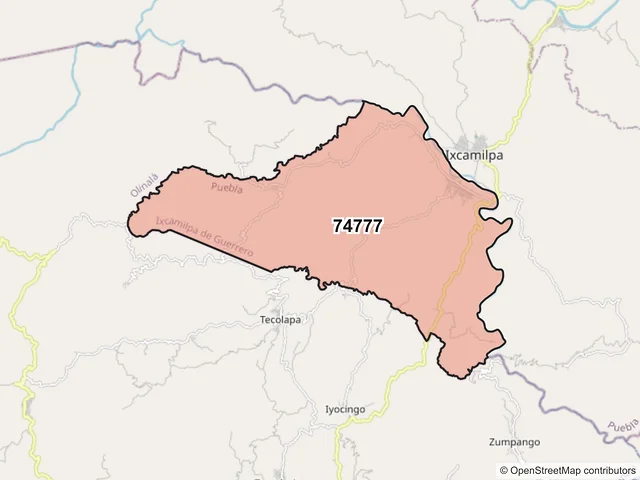 Mapa del código postal 74777, Ixcamilpa de Guerrero, Puebla