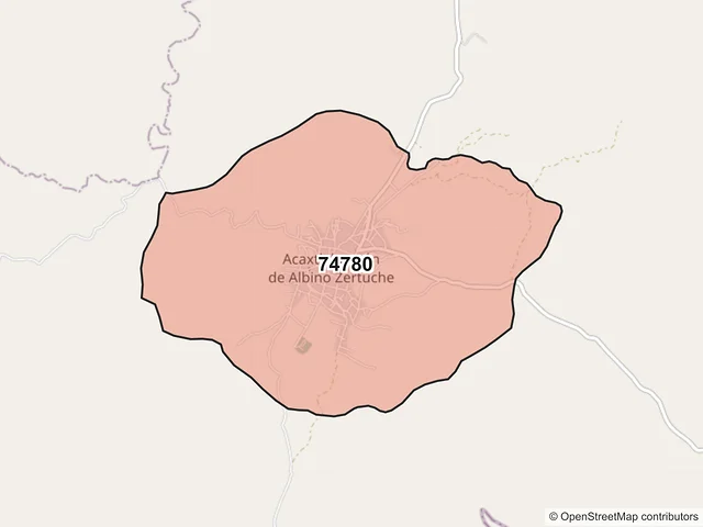Mapa del código postal 74780, Albino Zertuche, Puebla